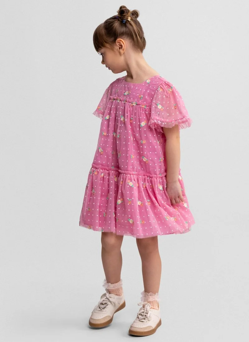 مينوتي Girls pink floral embroidered tulle dress short sleeve 3m-7y